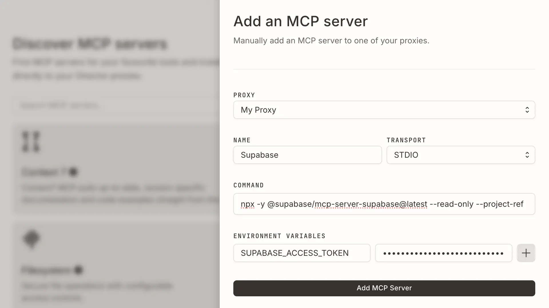 Screenshot showing the manual MCP server addition interface in the studio