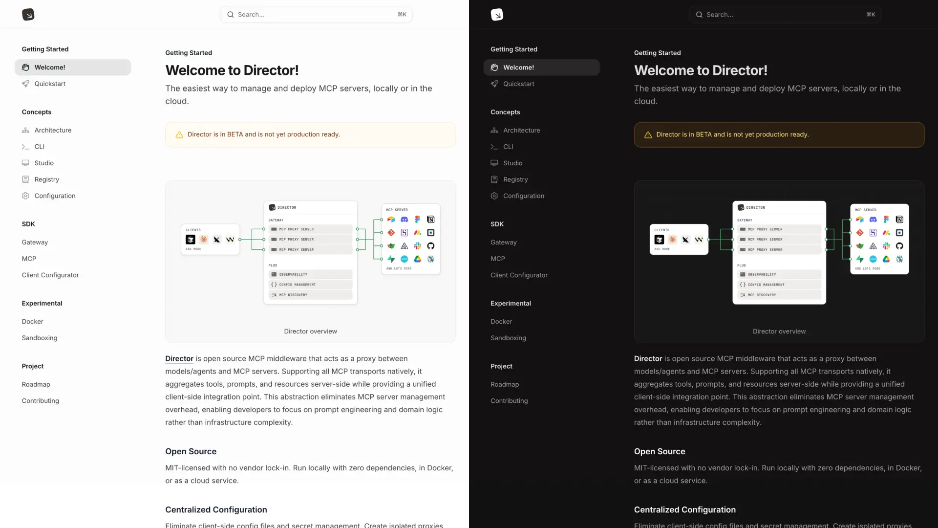 Screenshot showing both the dark and light mode of the docs